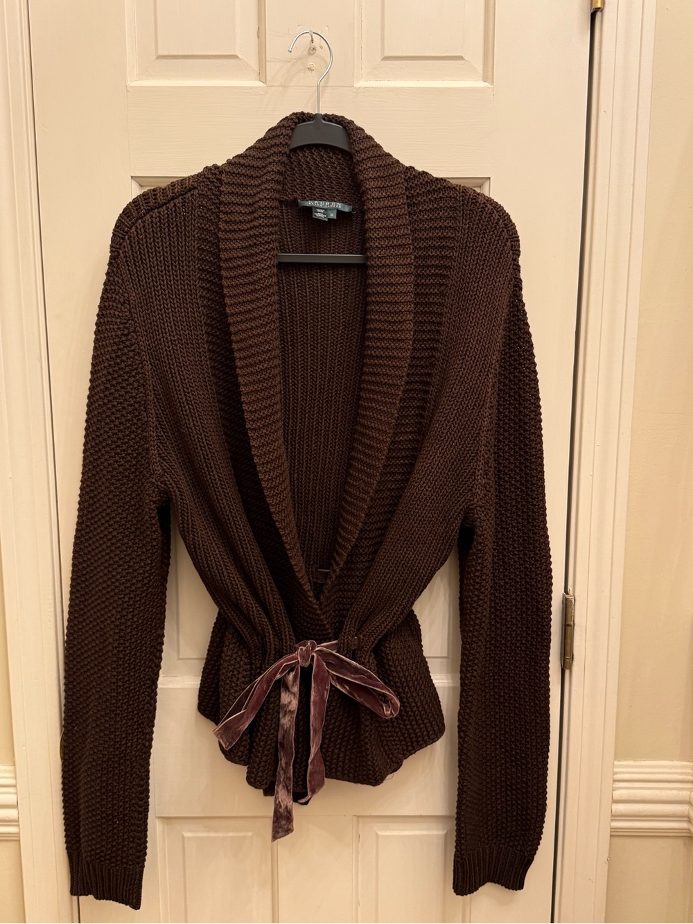 Lauren Ralph Lauren Brown Cotton Cardigan Sweater XL Velvet Tie
